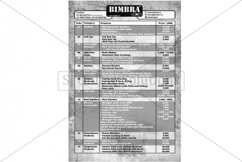Price List Of Products Designing For Bimbra 4x4
